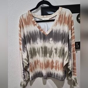 Millibon USA Tie Dye V-Neck Top Size Medium Dolman Sleeve Stretch Blouse EUC